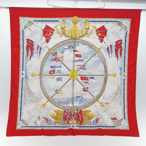 HERMES Carre 90 Scarf ""VIVE LE VENT"" Silk Red Auth fm3436 - Picture 14 of 14